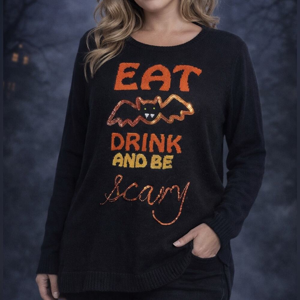 Verve Ami XL Halloween Sweater Bat Graphic Eat Drink Be Scary Black